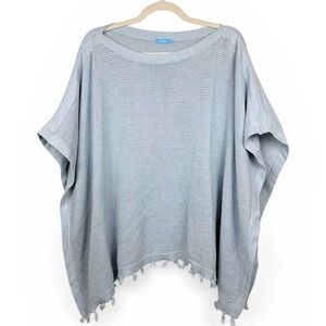 J.McLaughlin Women's Cotton OS Light Blue Open Knit Tassel Fringe Poncho Sweater